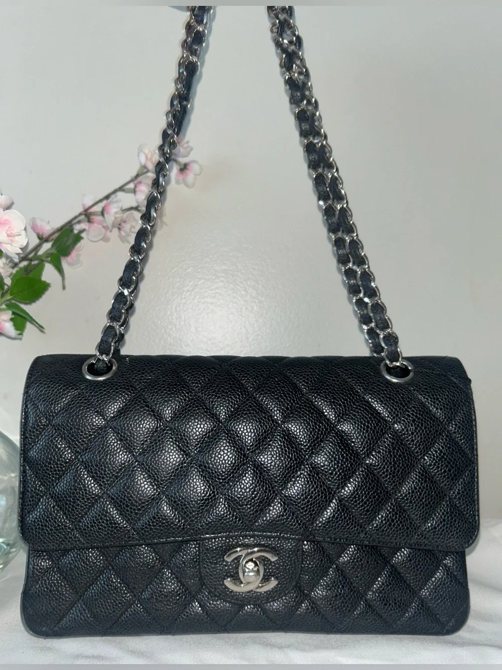 CHANEL Medium Classic Double Flap Caviar Leather Quilted Handbag Black
